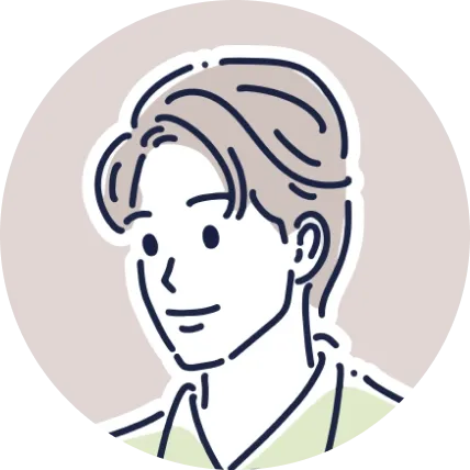 センターパートの男性のイラスト、落ち着いた表情とグリーンカラーのトップスが特徴